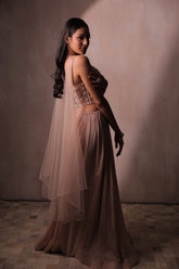 Dusty Pink Embellished Anarkali Gown with Sheer Cape